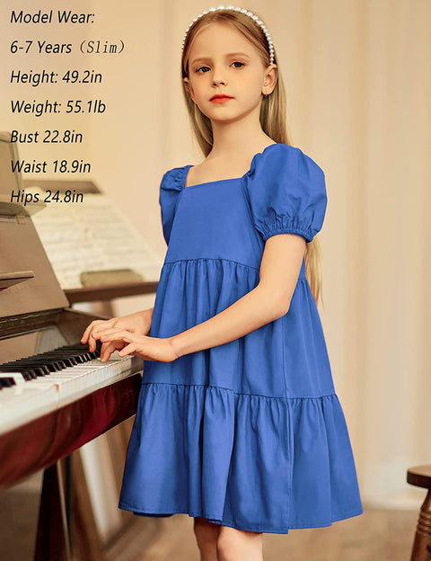 Arshiner Girls Dress Short Puff Sleeve Loose Tiered Ruffle Casual Dresses Square Neck