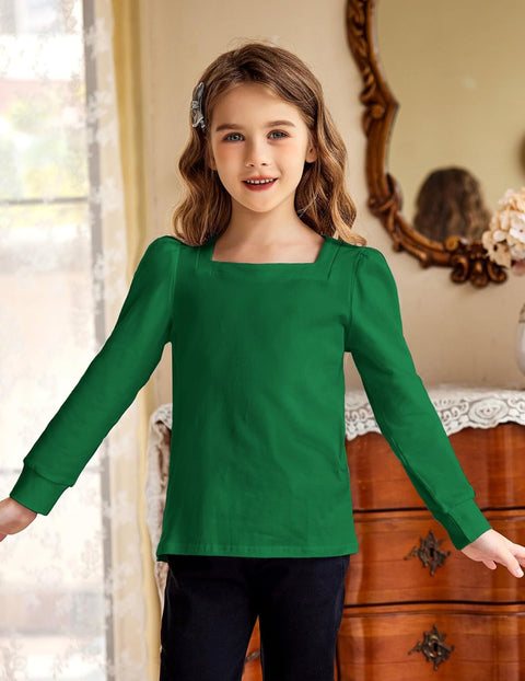 Arshiner Girls Shirt Casual Square Neck Long Sleeve Shirts Fall Winter Tunic Tops for Girls 5-12 Years