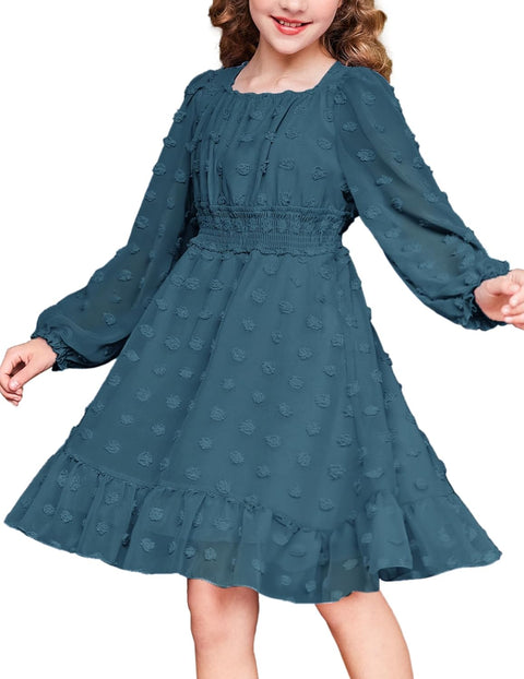 Arshiner Girls Dresses Long Sleeve Square Neck Swiss Dot Casual Flowy Dress
