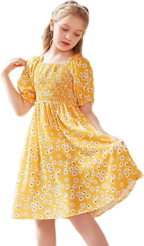 Arshiner Girls Summer Dress Short Puff Sleeve Floral Dress