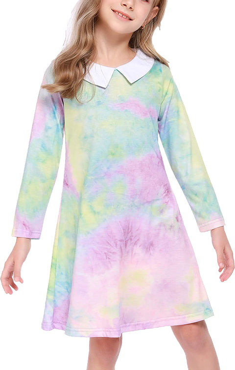 Arshiner Girls Long Sleeve Vintage Peter Pan Collar T-Shirt Dress Age 4-13 Years