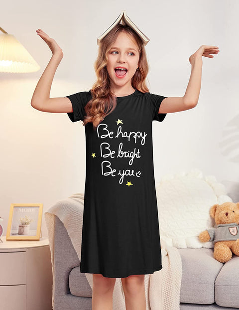 Arshiner Girls Nightgowns Short Sleeve Cute Cartoon Print Pajama Sleep Dress For Kids Button Down Nighties