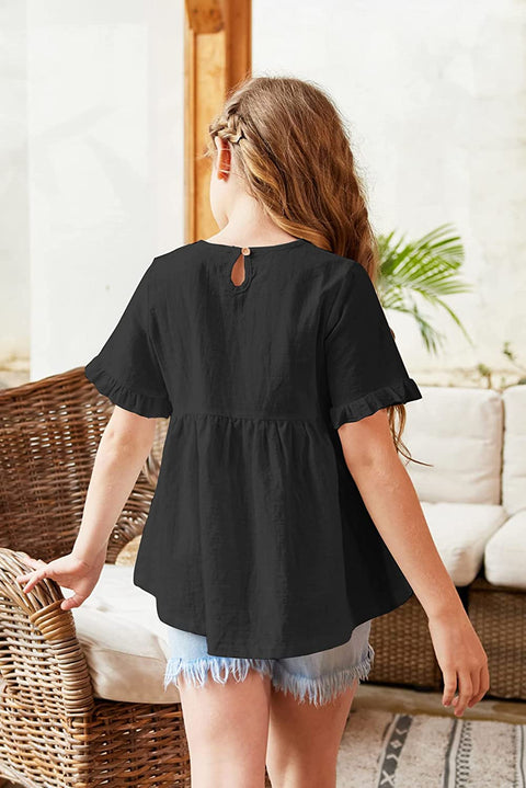 Arshiner Girls Cotton Linen Short Sleeve Blouses Ruffles Tunic Tops Summer Beach Tee Shirt