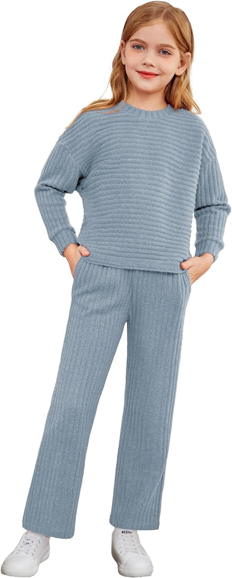 Arshiner Girl's 2 Piece Outfit Sweater Set Batwing Long Sleeve Ribbed Knit Top and Straight Leg Pants Sweatsuits with Pockets