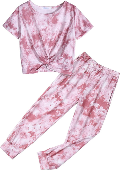 Arshiner Girls Clothing Sets Tie Dye Twist Front Tops & Sweatpants Outfits Sportwear Sweatsuits Tracksuits 4-13 Year