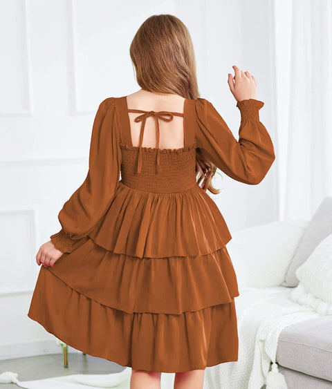 Arshiner Girls Long-Sleeve Tiered Dresses Square Neck Lantern Smocked Ruffle Layered Tie Back Dress