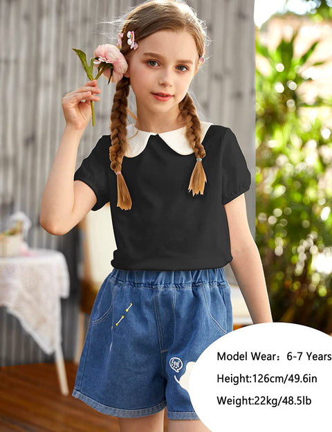 Arshiner Girls Long/Short Sleeve Tops Basic Peter Pan Collar T-Shirts Soft Blouses Tees