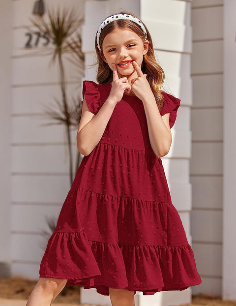 Arshiner Girls Summer Dresses Ruffle Sleeve Swiss Dots Flared Tiered Casual Dress with Belt