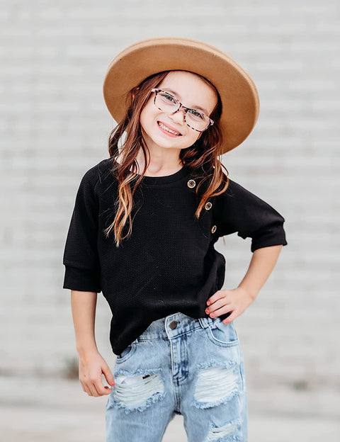 Arshiner Girls Shirt Puff Sleeve Casual Solid T-Shirt Kids Half Sleeve Summer Tops with Buttons