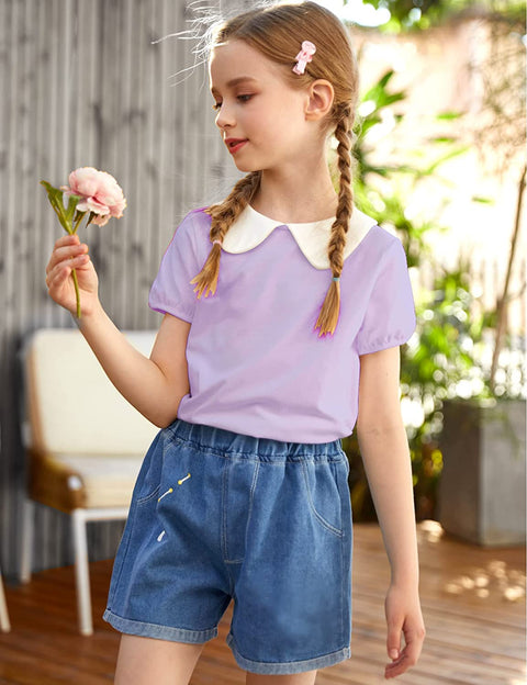 Arshiner Girls Long/Short Sleeve Tops Basic Peter Pan Collar T-Shirts Soft Blouses Tees
