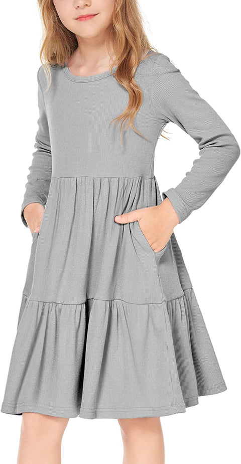 Arshiner Girls Sweater Dress Long Sleeve Knit Casual Swing Fall A-line Tiered Dresses with Pockets for 5-14 Years Kids