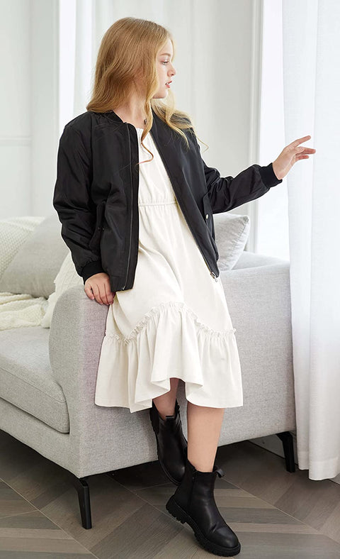 Arshiner Girls Trendy Long Sleeve Ruffle Hem Elastic Waist Dresses