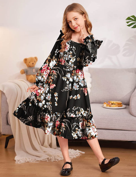 Arshiner Girls Trendy Long Sleeve Ruffle Hem Elastic Waist Dresses