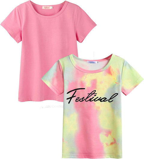 Arshiner Kids 2 Pack Short Sleeve Tees Girls Basic Tees 2pcs Shirt for Tie Dye