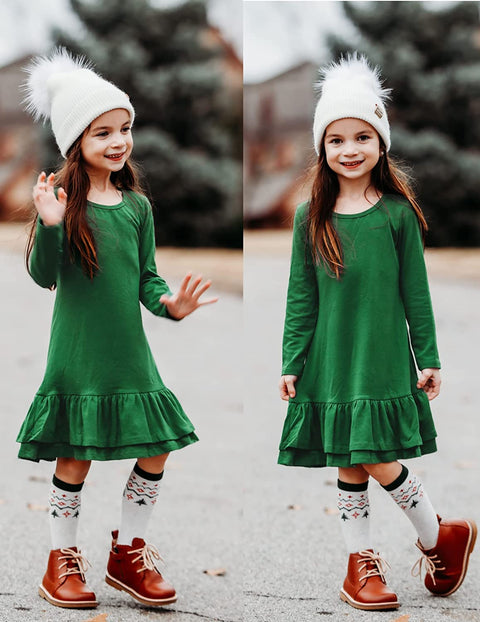 Arshiner Girls Cotton Long Sleeve A-Line Ruffle Hem Dress