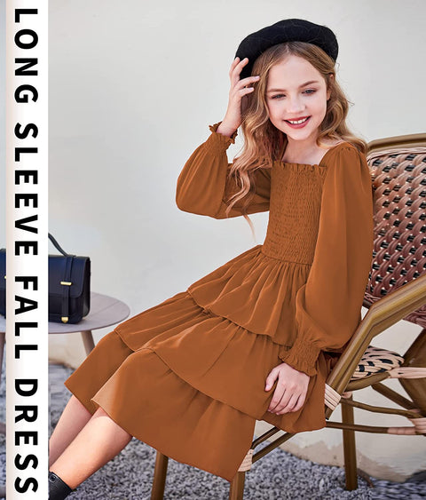 Arshiner Girls Long-Sleeve Tiered Dresses Square Neck Lantern Smocked Ruffle Layered Tie Back Dress