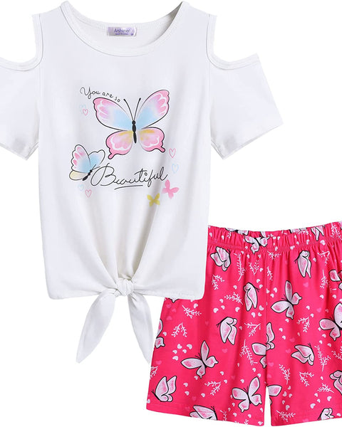 Arshiner Girls 2 Piece Outfits Cold Shoulder Tie Knot T-Shirt and Shorts Set