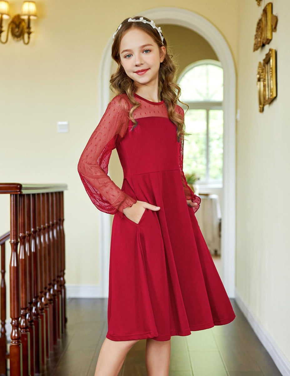 Girl's Contrast Mesh Puff Sleeve Dress – High Waist A-Line Party Dress - View #13