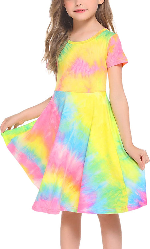 Arshiner Girls Floral Dress Short Sleeve Summer Dresses Skater Twirl Sundress for Girls 4-13 Years