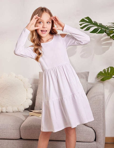 Arshiner Girls Long Sleeve Cold Shoulder Tiered Ruffle Pleated Pockets Dress for 4-14 Years