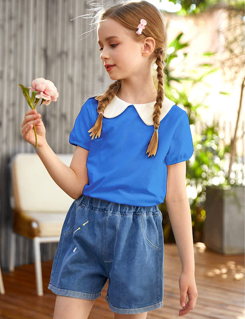 Arshiner Girls Long/Short Sleeve Tops Basic Peter Pan Collar T-Shirts Soft Blouses Tees