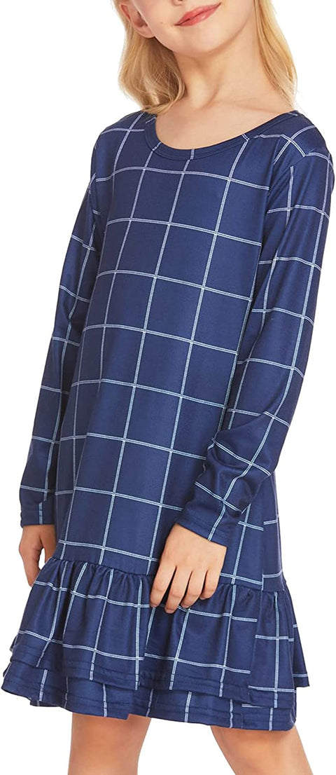 Arshiner Girls Cotton Long Sleeve A-Line Ruffle Hem Dress