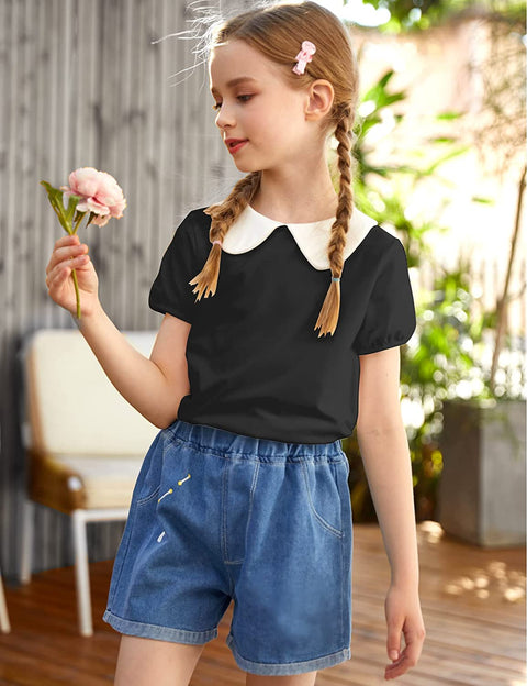 Arshiner Girls Long/Short Sleeve Tops Basic Peter Pan Collar T-Shirts Soft Blouses Tees