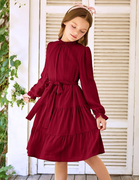 Arshiner Girls Long Sleeve Dress Tween Fall Formal Party Holiday Midi Tiered Flowy Swing Dresses with Belt 5-13 Y