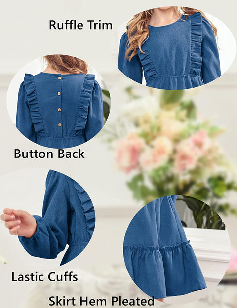Arshiner Girls Dresses A-line Ruffled Button Corduroy Swing Dress