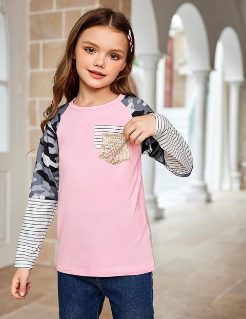 Arshiner Girls Long Sleeve Shirts Color Block Casual Cute Top Tee Blouse with Fashion Pocket