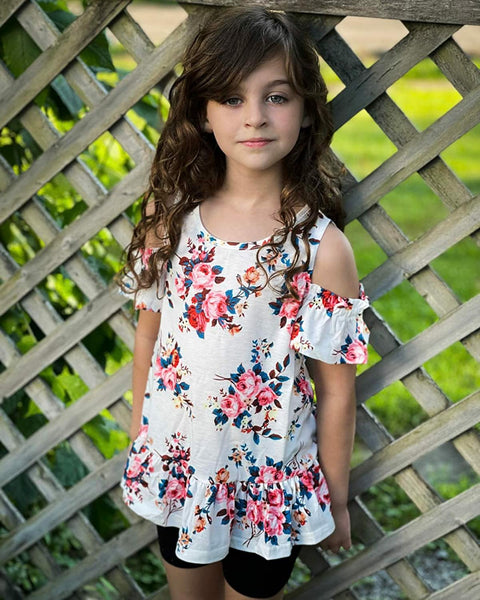 Arshiner Girls T-Shirts Short Sleeve with Cold Shoulder Ruffle Hem Blouse Cute Floral Print Tee Tops