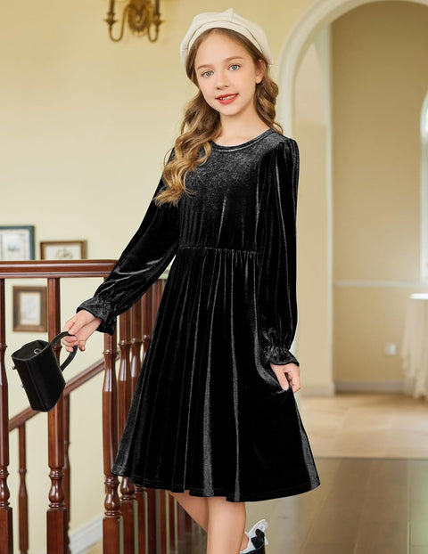 Arshiner Girls Dresses Velvet A Line Casual Party Dress with Pockets