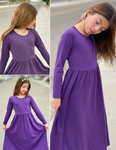 Arshiner Girls Long Sleeve Solid Loose Casual Maxi Dress