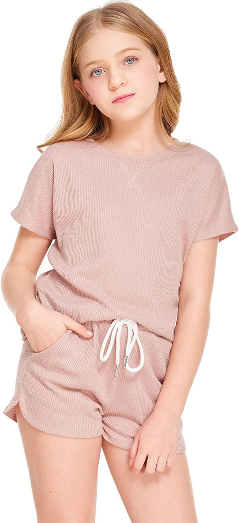 Arshiner Girls Waffle Knit Loungewear Shorts & T-Shirt Set