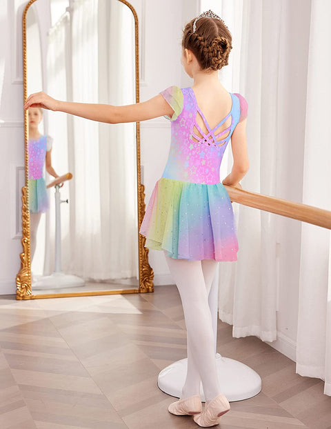 Arshiner Girls Shiny Ruffle Sleeve Ballet Leotard with Skirt