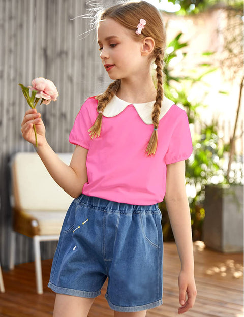 Arshiner Girls Long/Short Sleeve Tops Basic Peter Pan Collar T-Shirts Soft Blouses Tees