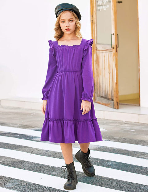 Arshiner Girls Trendy Long Sleeve Ruffle Hem Elastic Waist Dresses