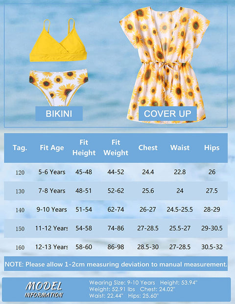 Arshiner 3 Piece Girls Swimsuit Kimono Drawstring Cover up and Kids Wrap Bikini Set Size 5-13