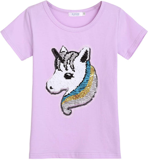 Arshiner Girls Unicorn Shirts Short Sleeve Flip Sequin T-Shirt Tops