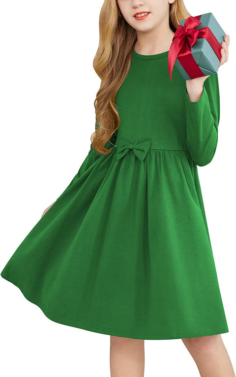 Arshiner Girls Long Sleeve Dress A line Twirly Skater Bow Tie Dress