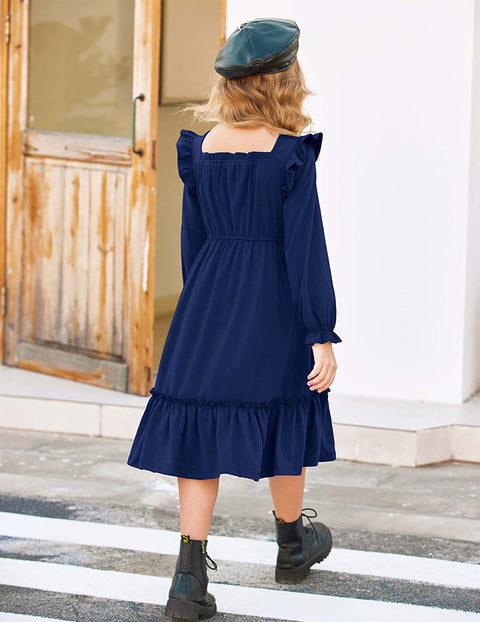 Arshiner Girls Trendy Long Sleeve Ruffle Hem Elastic Waist Dresses