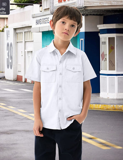 Arshiner Kids Short Sleeve Solid Dress Shirt Classic Formal Uniform Woven Top with Chest Pockets