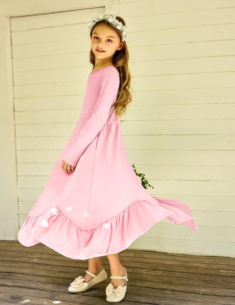 Arshiner Girls Long Sleeve Fall Dress Smocked Waist Round Neck Casual Maxi Western Dress for Kids 6-12 Years