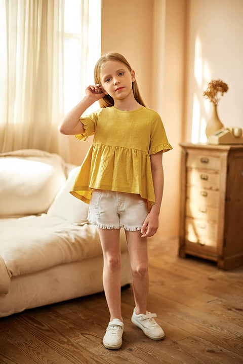 Arshiner Girls Cotton Linen Short Sleeve Blouses Ruffles Tunic Tops Summer Beach Tee Shirt