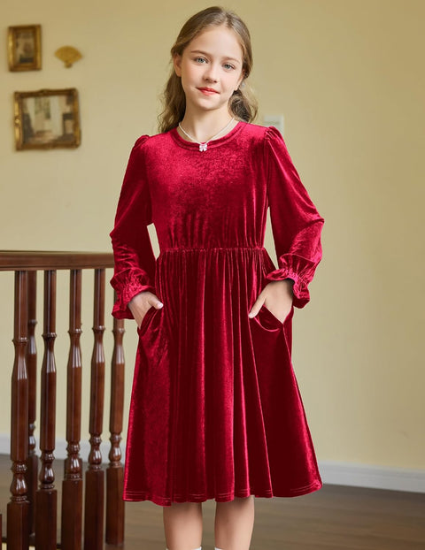 Arshiner Girls Dresses Velvet A Line Casual Party Dress with Pockets