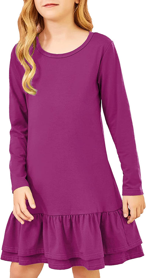 Arshiner Girls Cotton Long Sleeve A-Line Ruffle Hem Dress