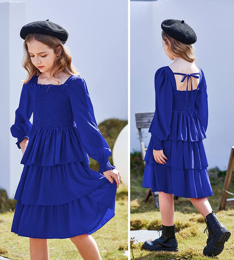 Arshiner Girls Long-Sleeve Tiered Dresses Square Neck Lantern Smocked Ruffle Layered Tie Back Dress