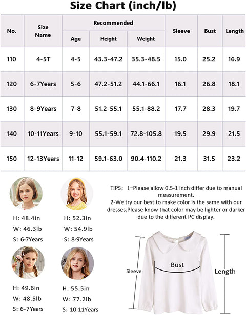 Arshiner Girls Long/Short Sleeve Tops Basic Peter Pan Collar T-Shirts Soft Blouses Tees