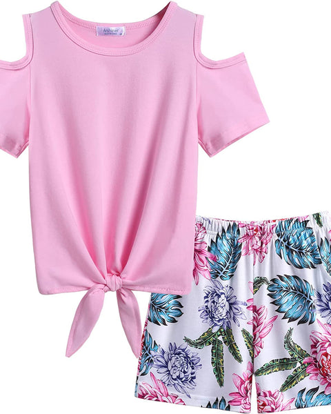 Arshiner Girls 2 Piece Outfits Cold Shoulder Tie Knot T-Shirt and Shorts Set