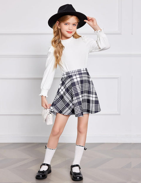 Arshiner Girls Skirt Set Winter Fall Outfits Rib Knit Puff Sleeve Tops and Flared Mini Skirts with Pockets 2 Piece clothes